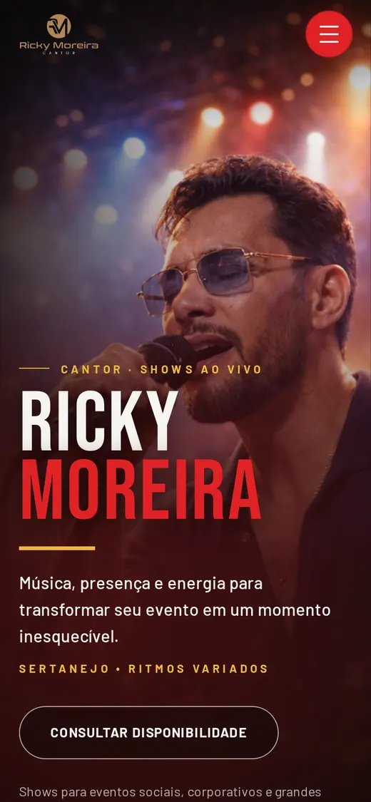 Versão para celular do site do cantor Ricky Moreira, desenvolvido pela Aveltri